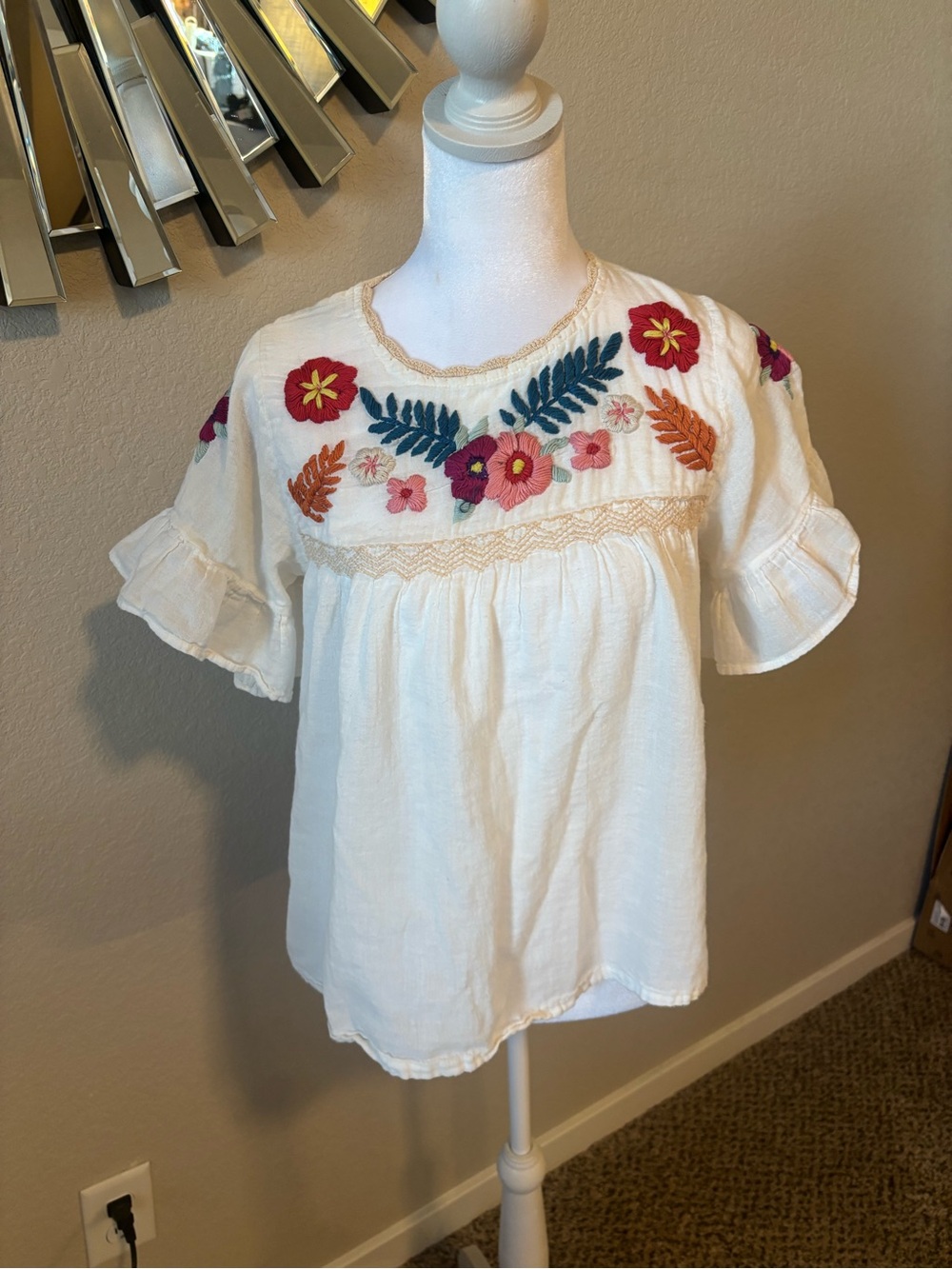 THML Cream Embroidered Peasant Blouse with Floral Detail